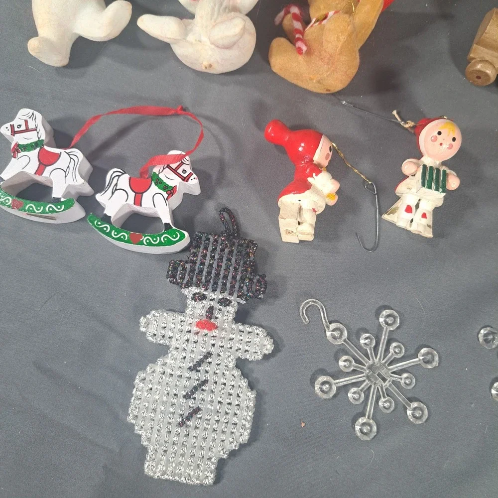 VTG Christmas Ornaments Lot Flocked Wood‎ Bear Santa Rocking Horse Retro Holiday